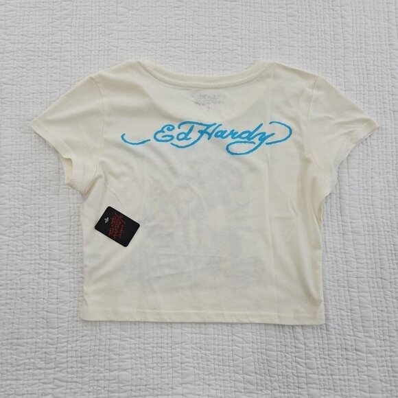 Ed Hardy Crop Tee Women's Large Rhinestone Butterfly Top NWT Logo Art Piece NEW - Picture 2 of 12